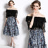 Knockout Runway Fashion Floral Print Off-Shoulder Lace top with High Rise A-Line Skirt 2-Pcs Holiday, Party Ensemble